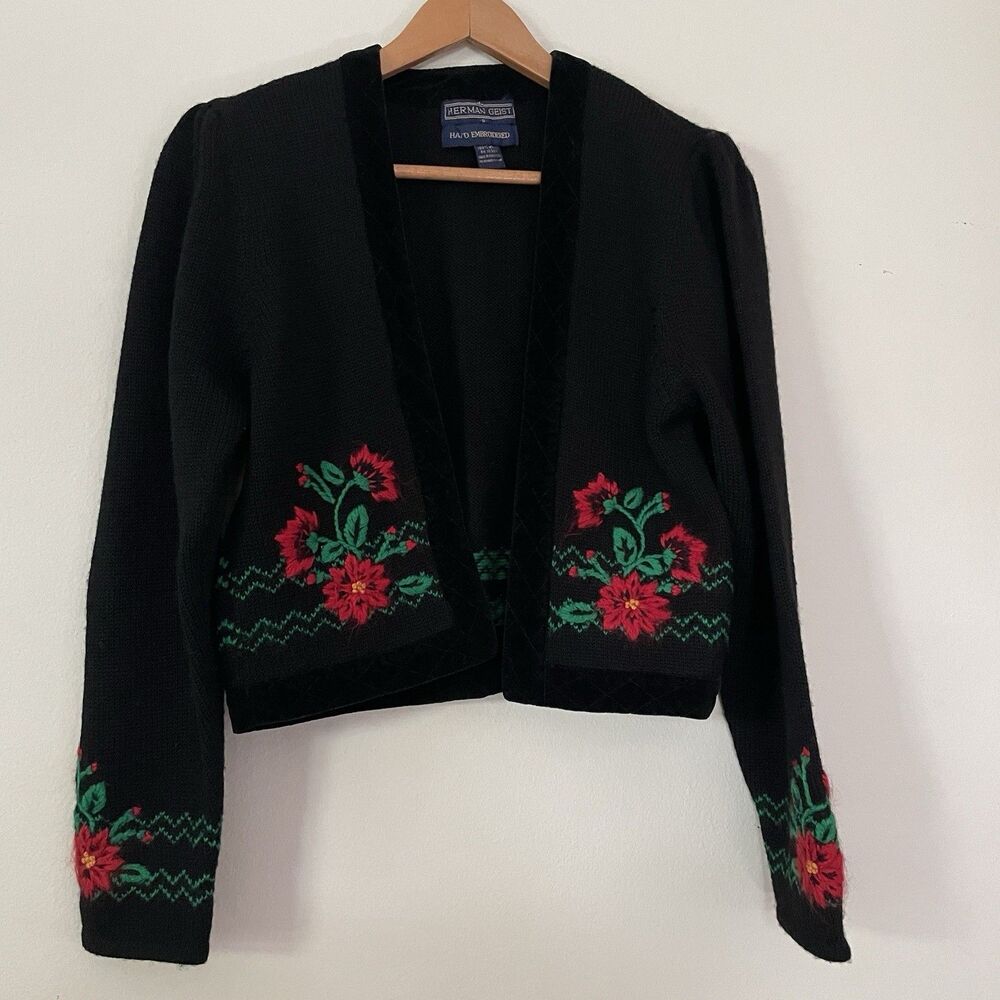 Herman Geist Wool Cardigan Sweater Small Hand Embroidered Poinsettia